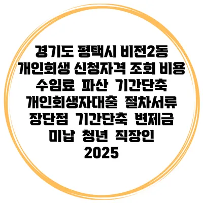 경기도 평택시 비전2동 개인회생 신청자격 조회 비용 수임료 | 파산 | 기간단축 | 개인회생자대출 | 절차서류 | 장단점 | 기간단축 | 변제금 미납 | 청년 | 직장인 2025